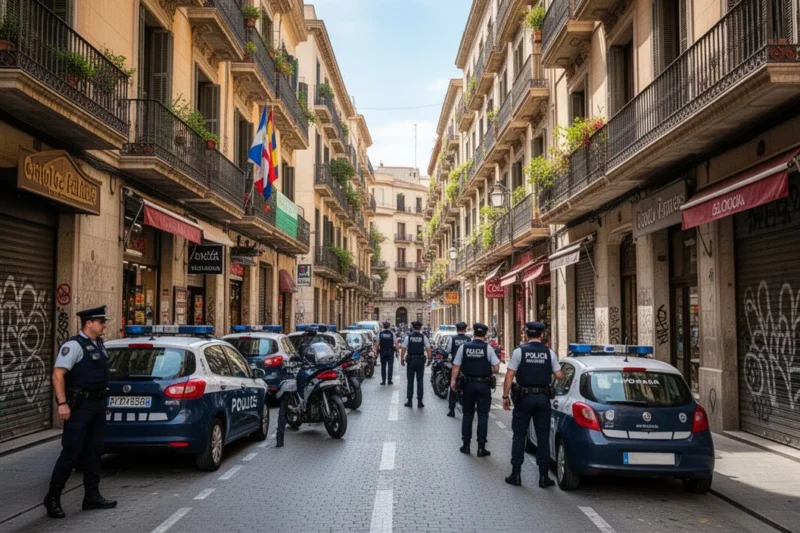 Empty terraces along Rambla del Raval highlighting increased security measures