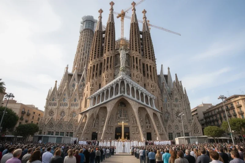 Vista panorámica de la Sagrada Familia con Torre Jesús durante evento religioso