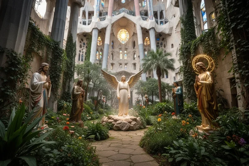 Huerto oculto junto a la Sagrada Família simbolizando resurrección