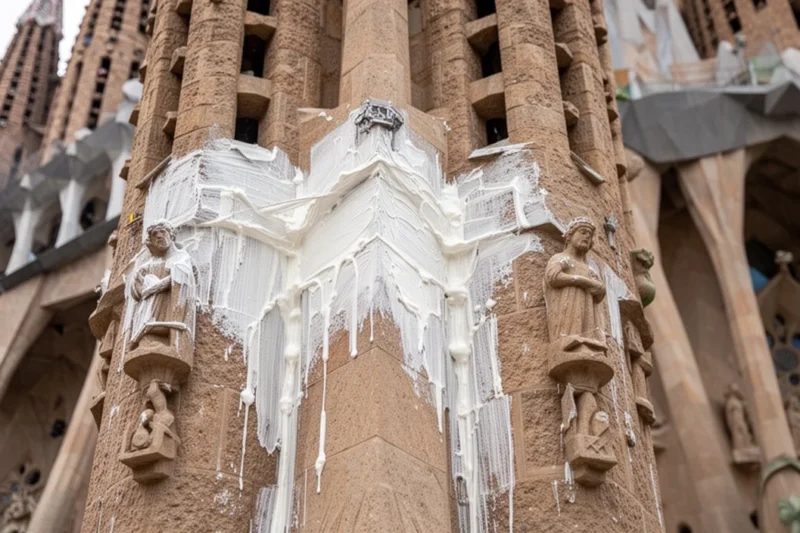 Detalle del trabajo en piedra y aplicación adhesiva en las torres de la Sagrada Familia
