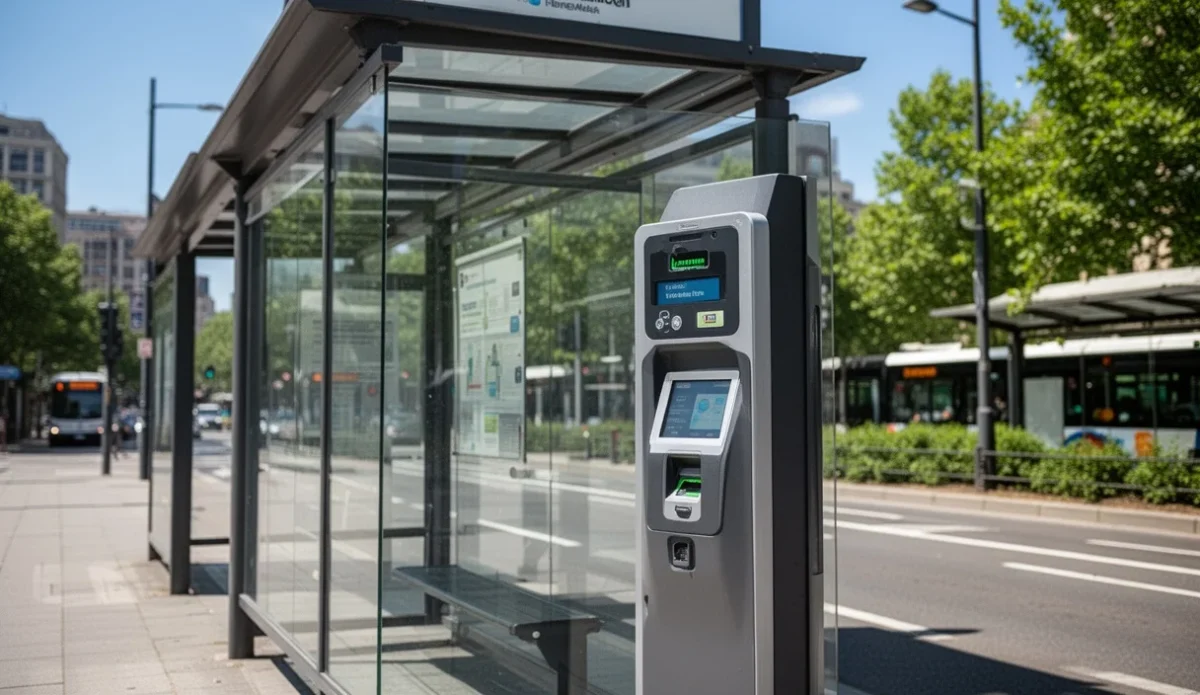 An intercity bus at a station featuring digital ticket validation technology