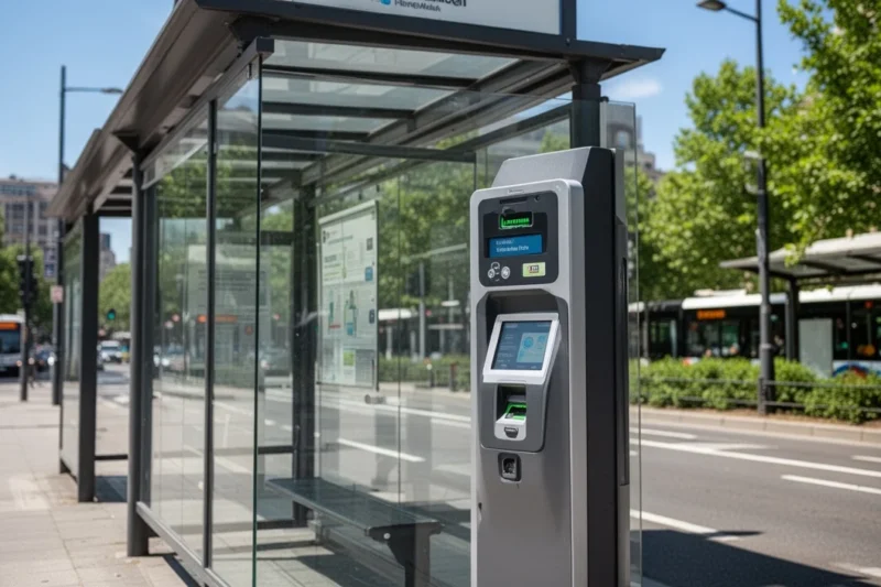 An intercity bus at a station featuring digital ticket validation technology