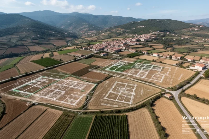 Vista aérea de tierras agrícolas en Vall d'en Bas con planos constructivos superpuestos
