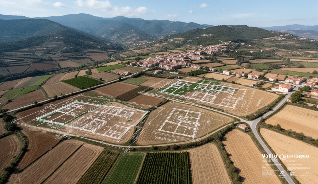 Aerial view showing farmland near proposed road construction area surrounded by nature
