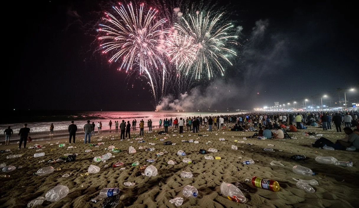 Playa llena durante la verbena con fuegos artificiales iluminando el cielo