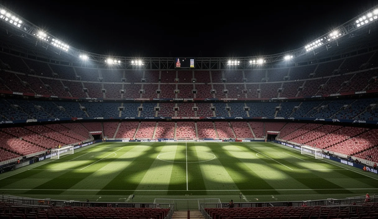 Vista nocturna del estadio Camp Nou vacío con luces encendidas