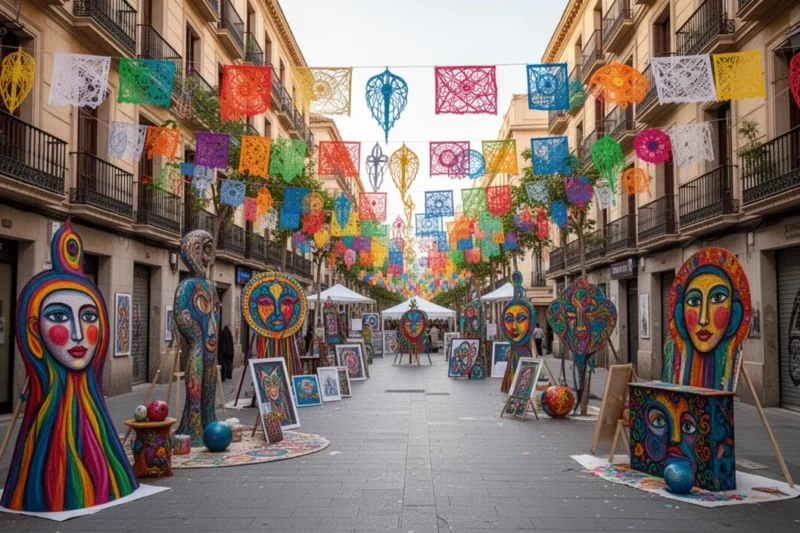 Colorful street scene during an arts festival showcasing various performances