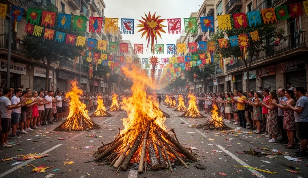 Colorful decorations set up for Sant Joan celebrations in L'Hospitalet
