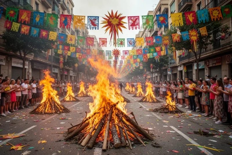 Colorful decorations set up for Sant Joan celebrations in L'Hospitalet