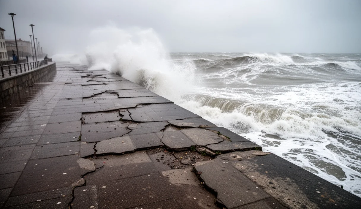 Coastal promenade showing signs of erosion with construction materials nearby