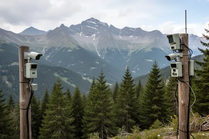 Camera traps set up in the Pyrenees mountains for wildlife monitoring