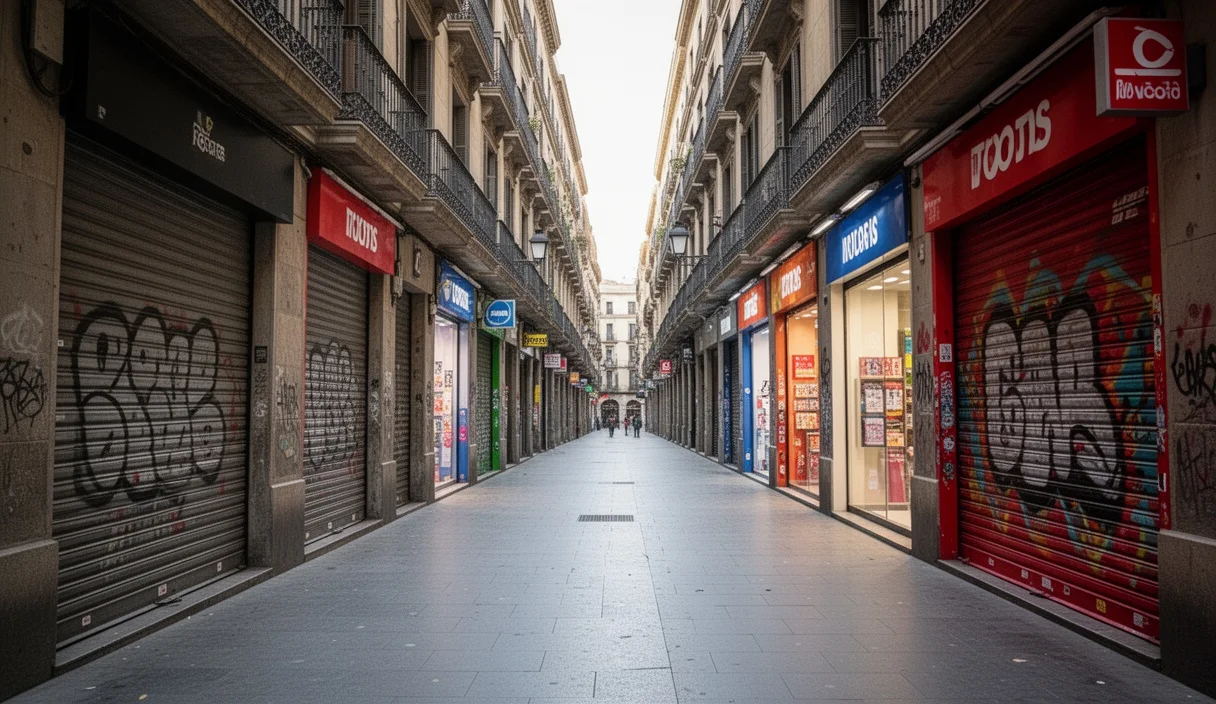 Storefronts along Barcelona's Sants-Creu Coberta axis highlighting local commerce