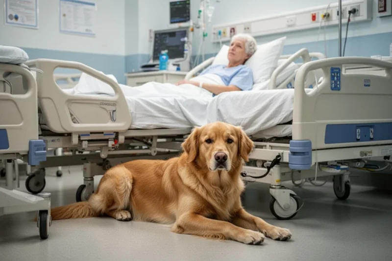 Un perro descansando junto a una cama en una habitación hospitalaria