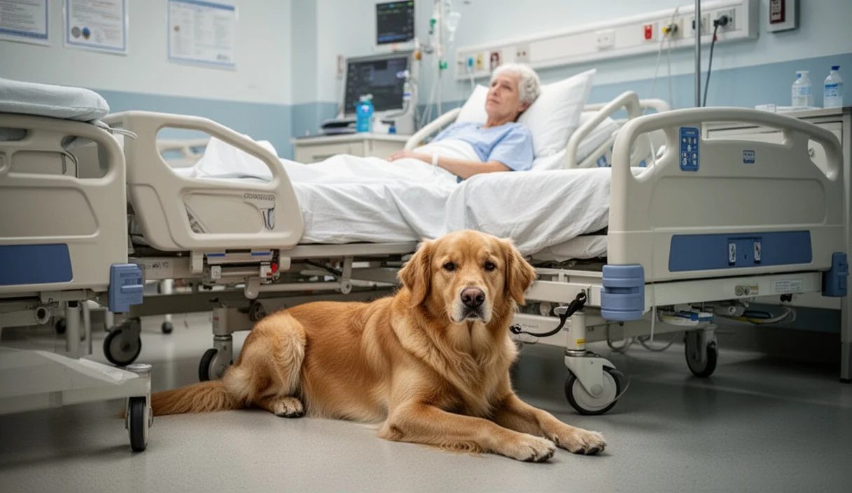 A dog lying next to a hospital bed providing comfort without identifiable individuals