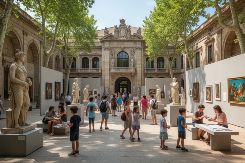 Escena veraniega en un museo barcelonés con diversas actividades culturales
