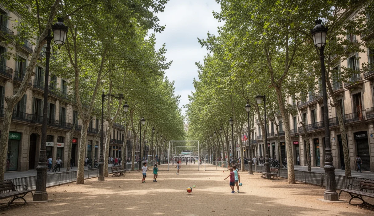 Empty street view in Barcelona's Sant Antoni neighborhood highlighting public space issues