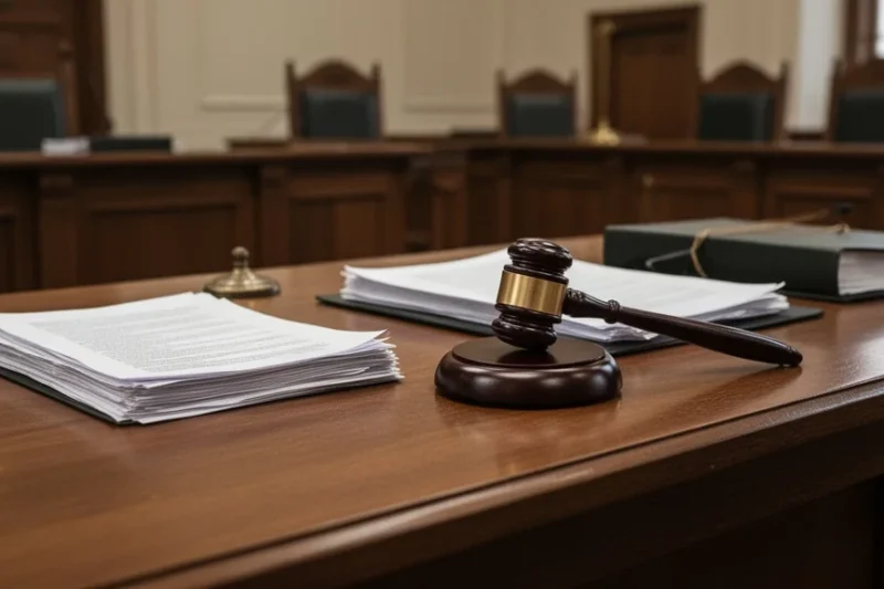 Escena judicial con documentos legales y mazo sobre la mesa