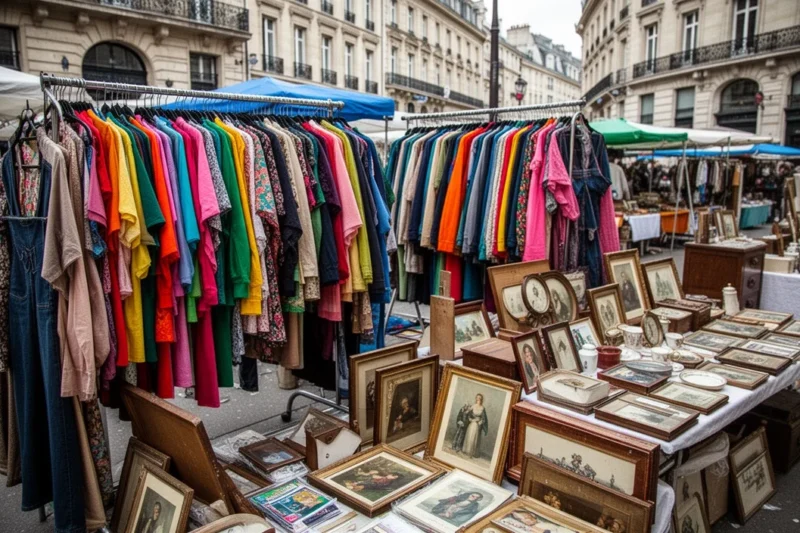 Racks of colorful vintage clothing displayed at a bustling market