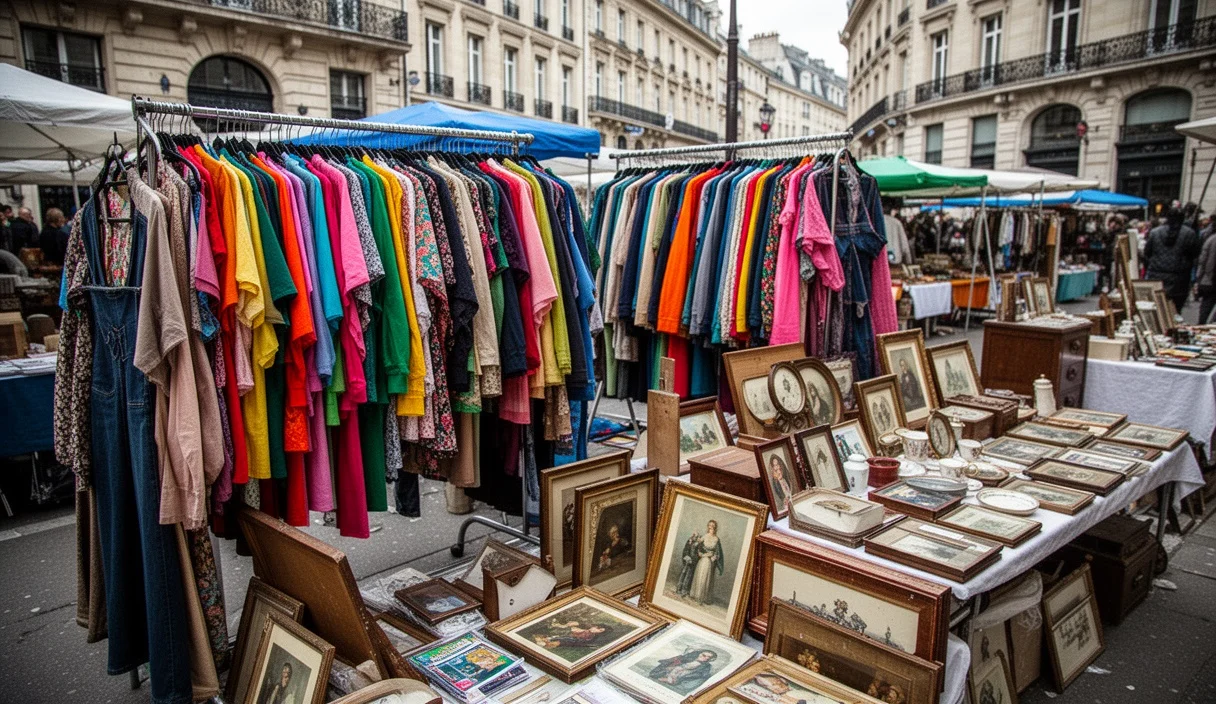 Racks of colorful vintage clothing displayed at a bustling market