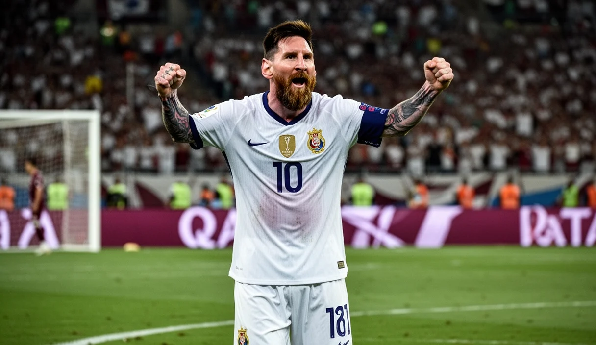 Football stadium scene capturing excitement during Lionel Messi's historic hat-trick