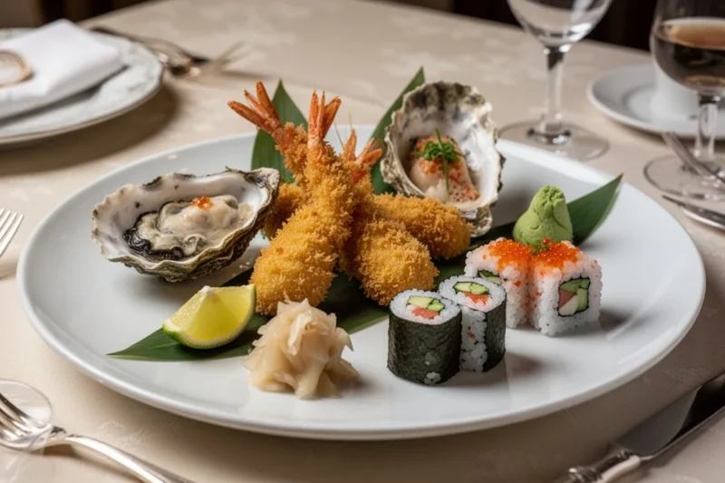 Elegant dining setup at Nomo restaurant featuring colorful gourmet dishes