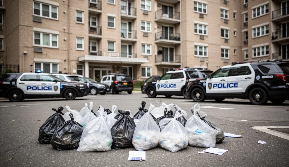 Operativo policial en Salou con vehículos y bolsas evidencias frente a un edificio