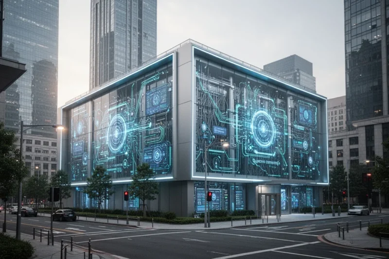 Instalaciones modernas dedicadas a la computación cuántica en un entorno urbano.