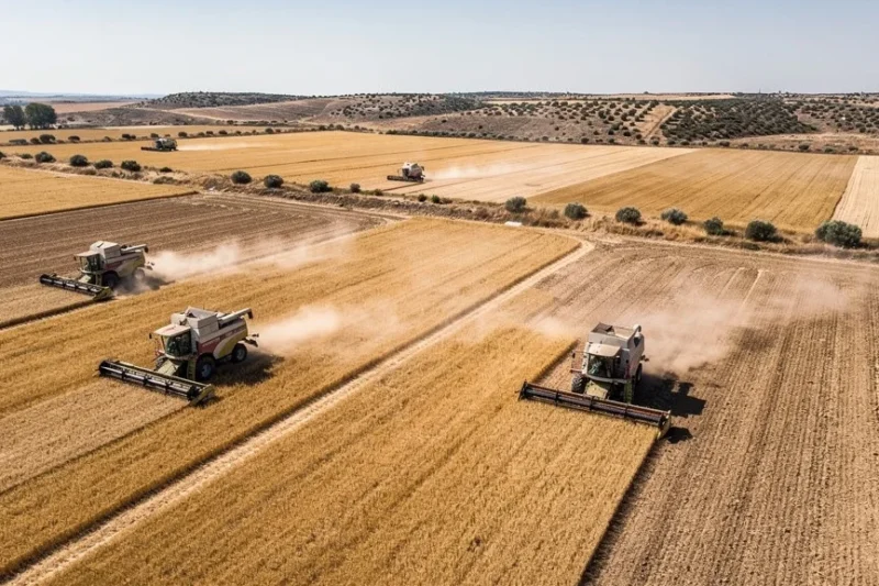 Vista aérea de campos agrícolas secos con maquinaria trabajando bajo altas temperaturas
