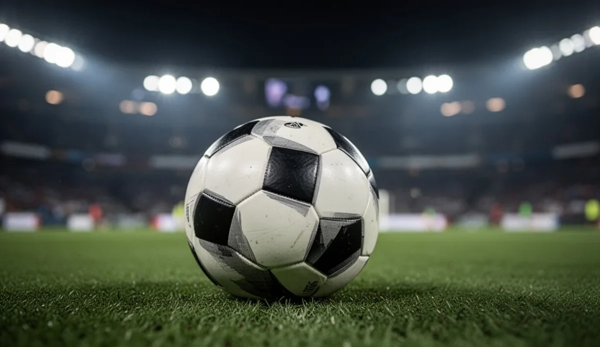 Balón de fútbol sobre el césped iluminado por luces del estadio
