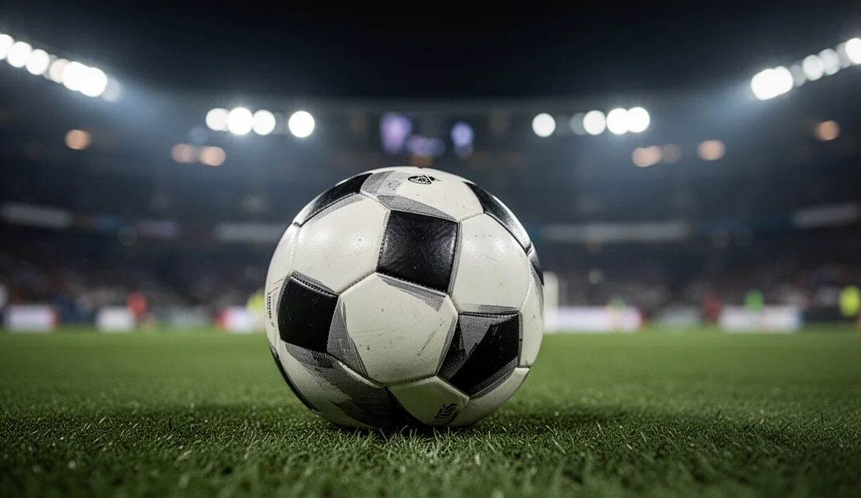 Balón de fútbol sobre el césped iluminado por luces del estadio
