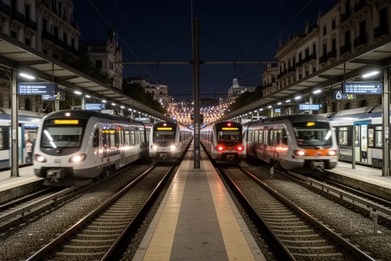 Estación de tren con movimiento durante festividades veraniegas en Barcelona