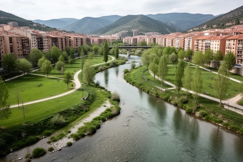 Construction site at the confluence of two rivers with lush greenery