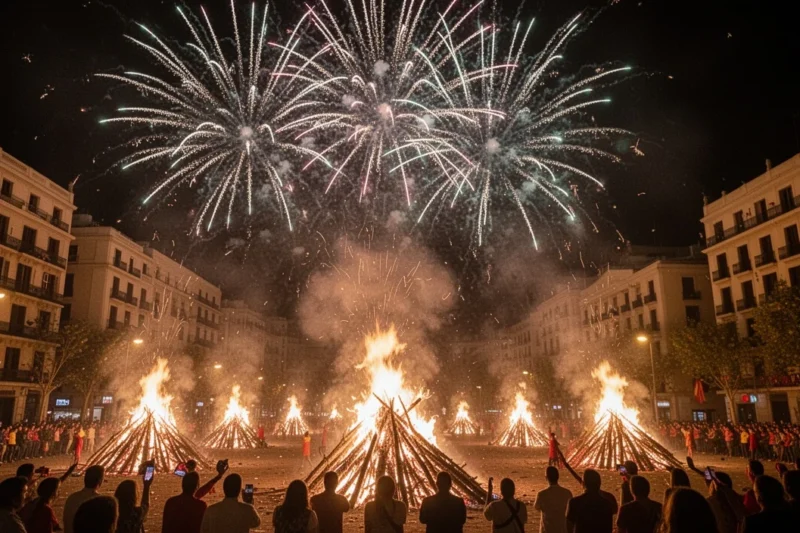 Celebración nocturna durante Sant Joan en Rubí con hogueras y fuegos artificiales