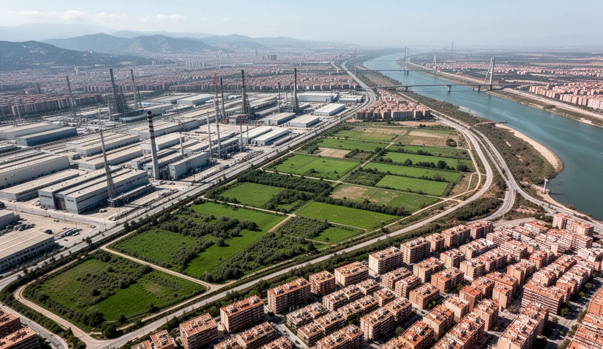 Industrial area featuring an incinerator facility near residential developments