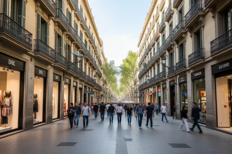 Vista colorida de La Rambla con tiendas y ambiente animado