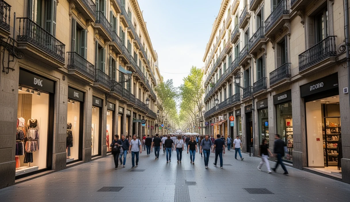 Vista colorida de La Rambla con tiendas y ambiente animado