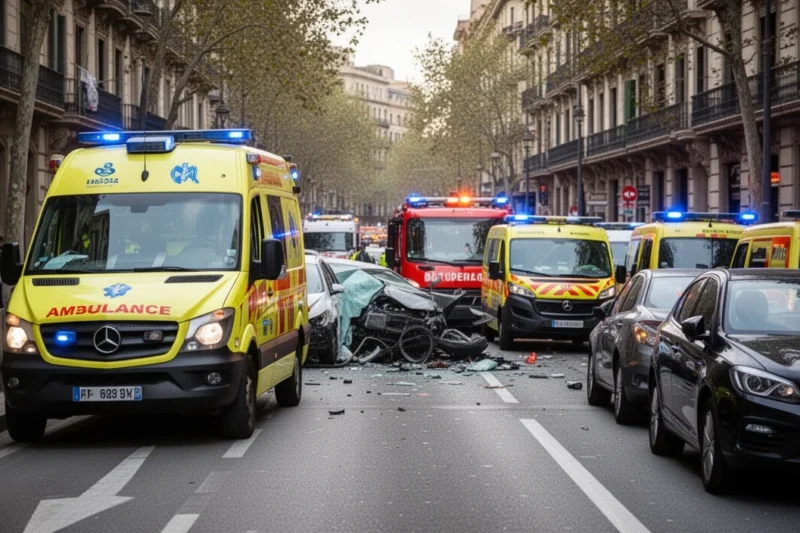 Emergency vehicles at an accident scene on Gran de Gràcia street in Barcelona