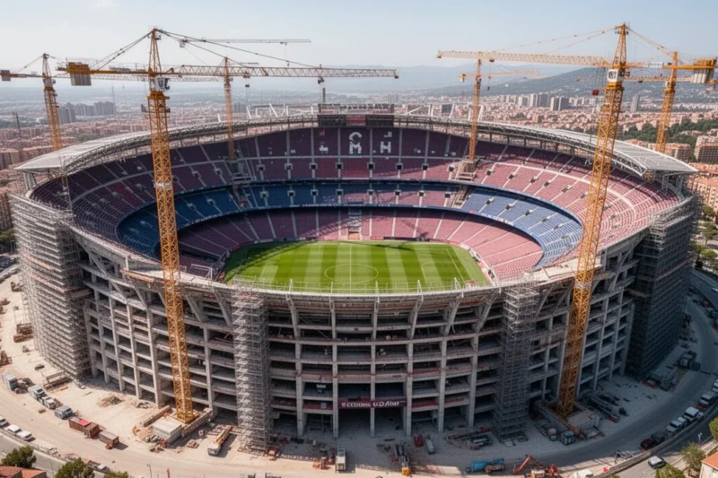 Vista aérea del Camp Nou con grúas y andamios alrededor