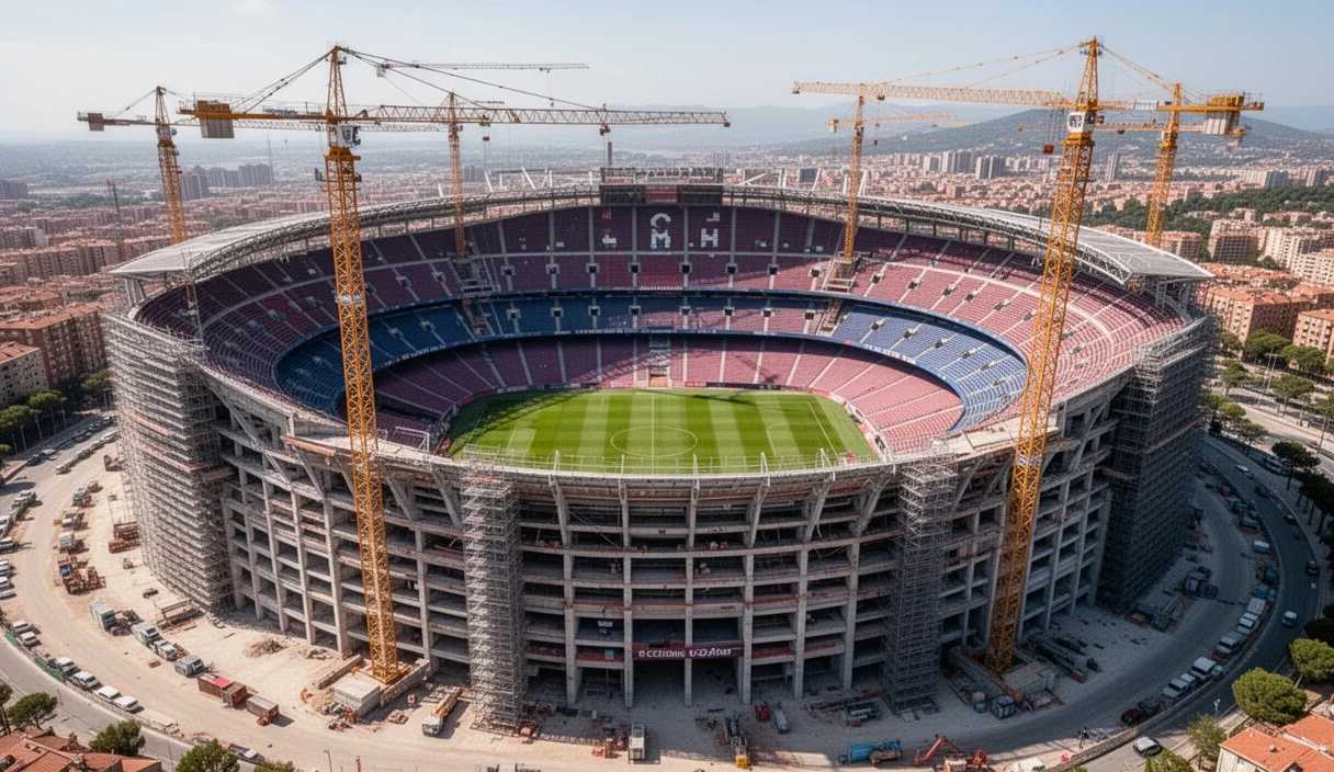 Construction scene at Camp Nou stadium showing ongoing renovations
