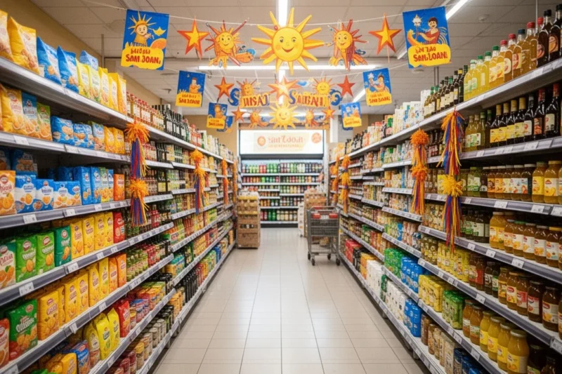 Pasillo lleno de productos estivales decorado para la fiesta de Sant Joan