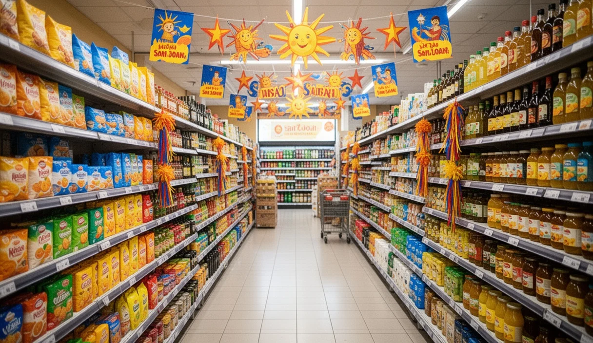 Pasillo lleno de productos estivales decorado para la fiesta de Sant Joan