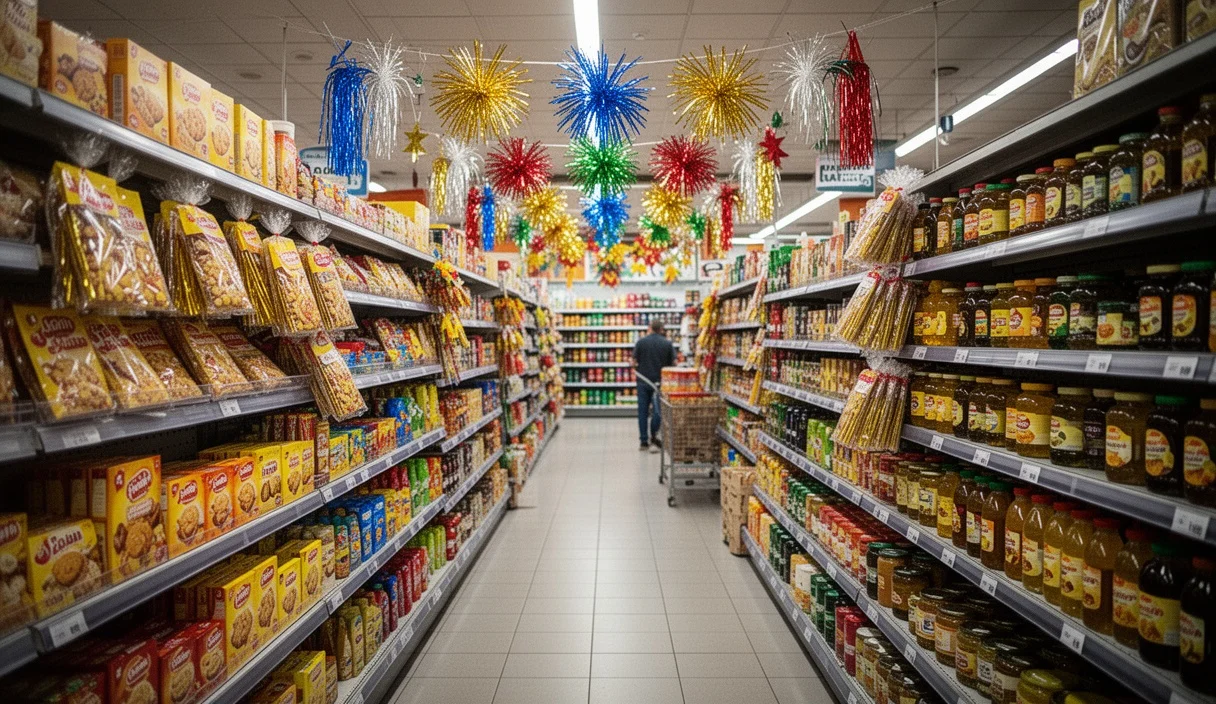 Pasillo lleno de productos navideños preparados para la verbena de Sant Joan