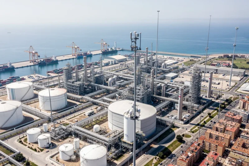 Vista aérea del complejo petroquímico y puerto en Tarragona con instalaciones visibles