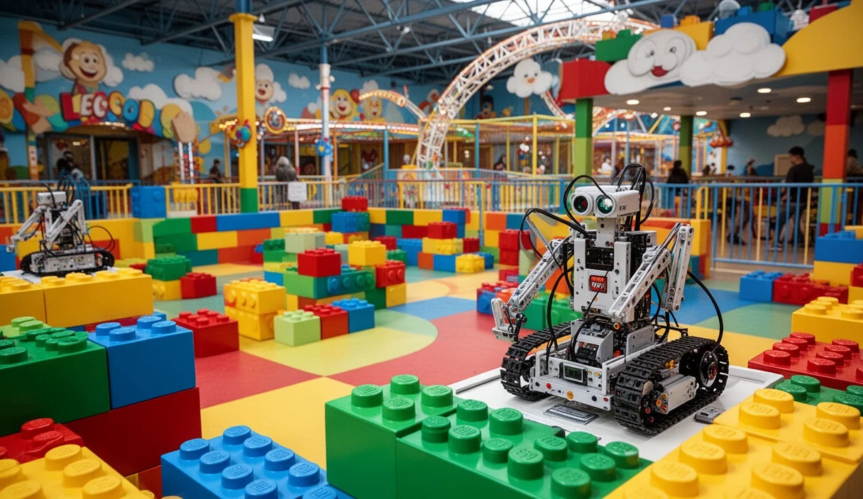 Interior view of CreaTibi showcasing colorful LEGO installations for children's creative activities