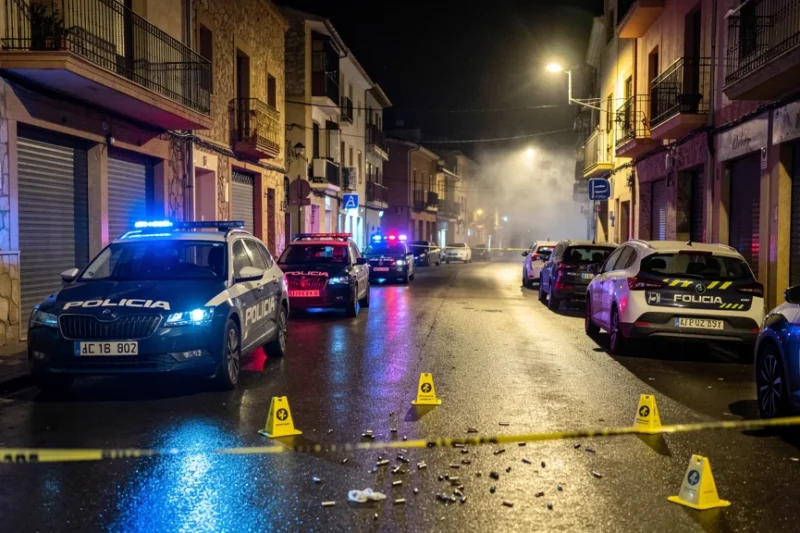 Escena nocturna con vehículos policiales iluminando una calle tras un tiroteo