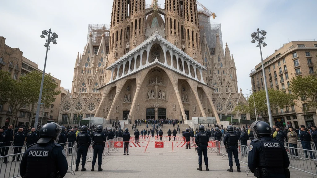Vista general de la Sagrada Família con medidas policiales visibles durante un evento importante