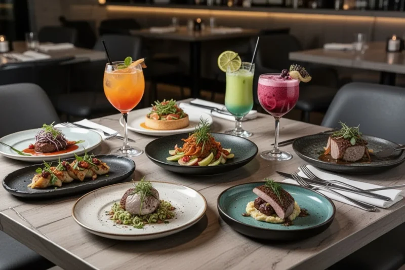 Elegant dinner setup showcasing gourmet dishes at a trendy restaurant