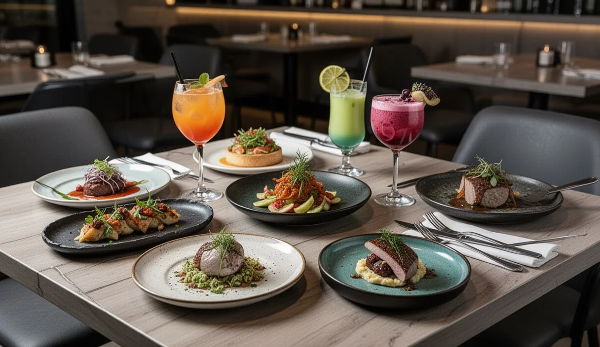 Mesa elegantemente dispuesta en un restaurante moderno con platos únicos