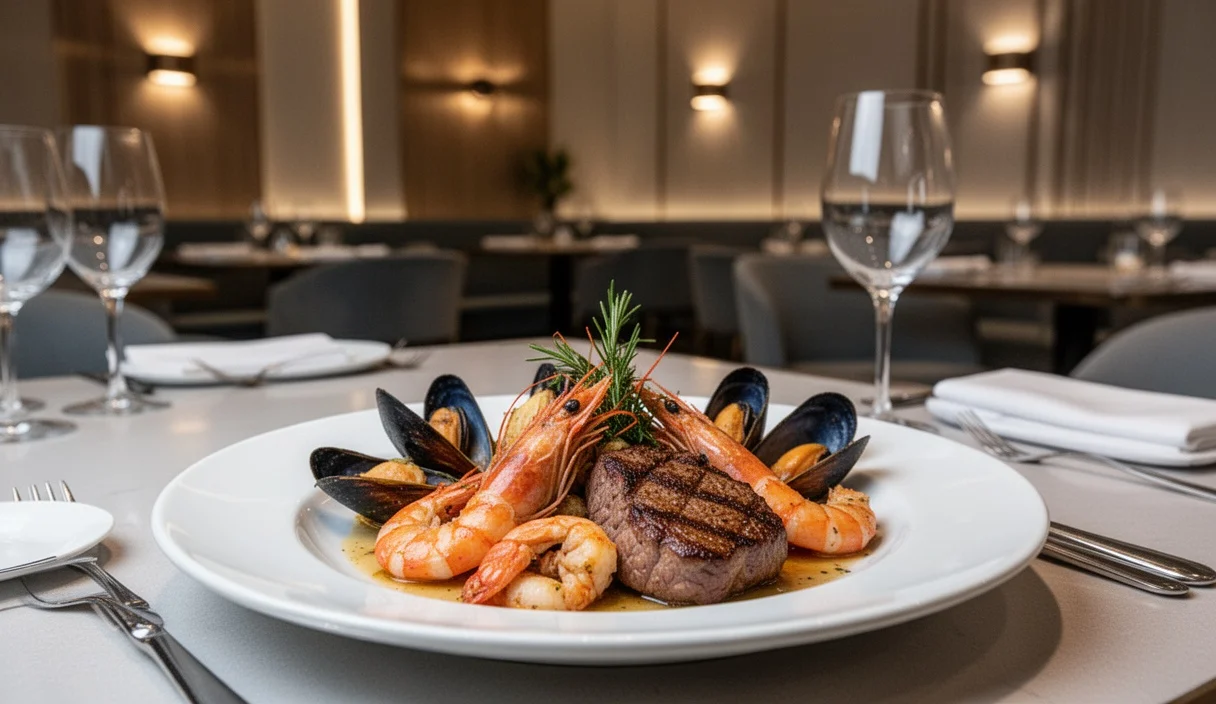 Artfully plated mar y montaña dish featuring seafood and meat