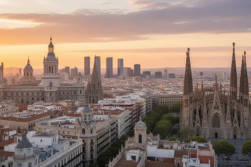 Vista panorámica del horizonte de Madrid y Barcelona mostrando sus diferencias arquitectónicas